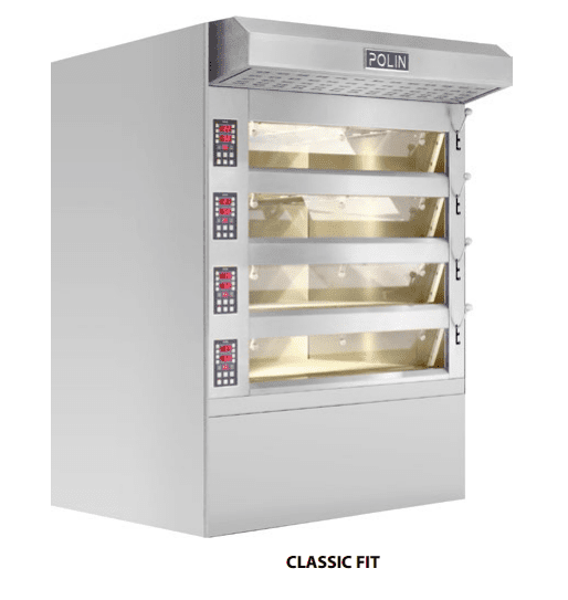 stainless steel deck oven for commercial kitchen with four separate chambers that have glass doors